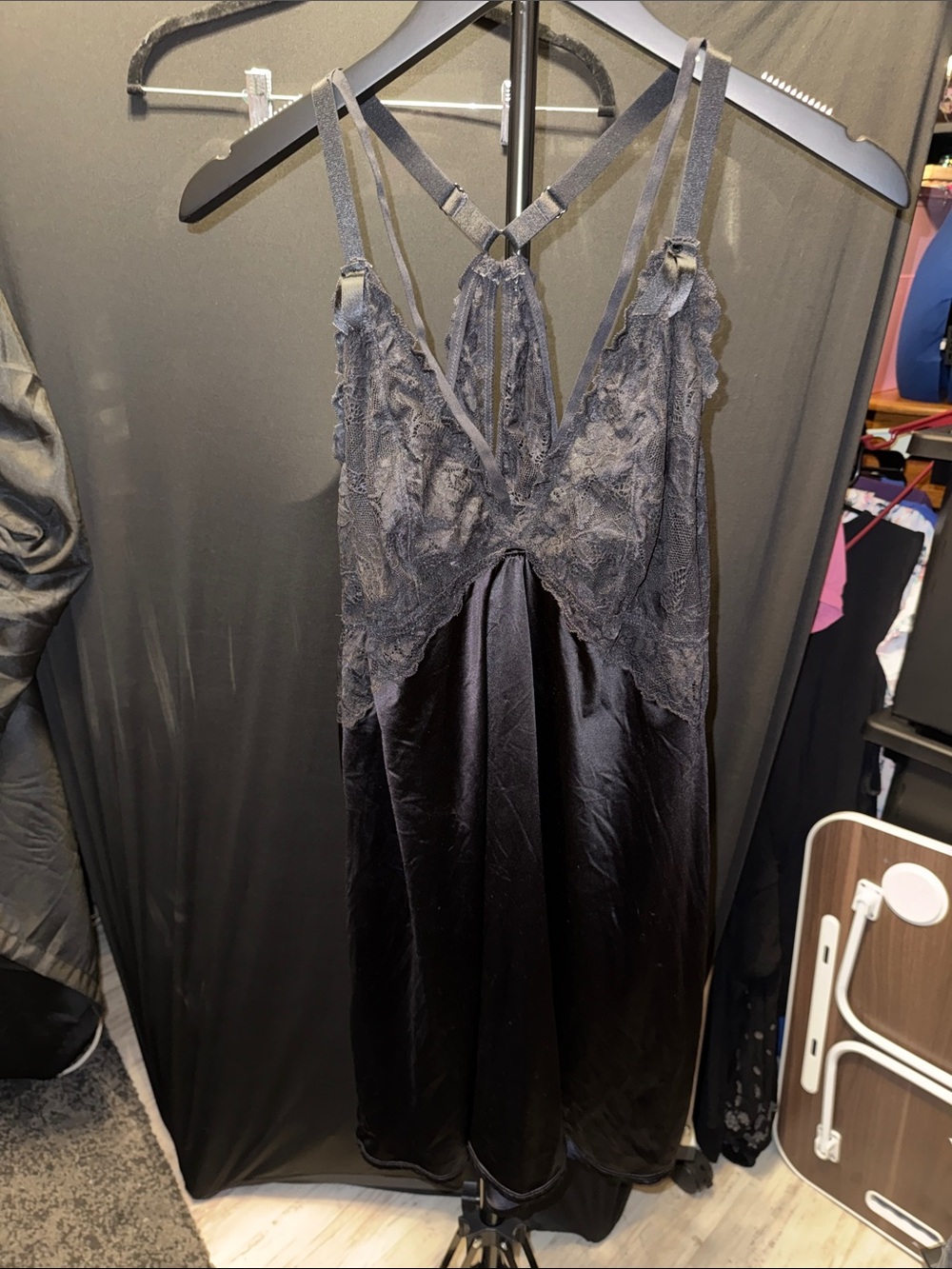 torrid Black Lace Satin Chemise with Strappy Back